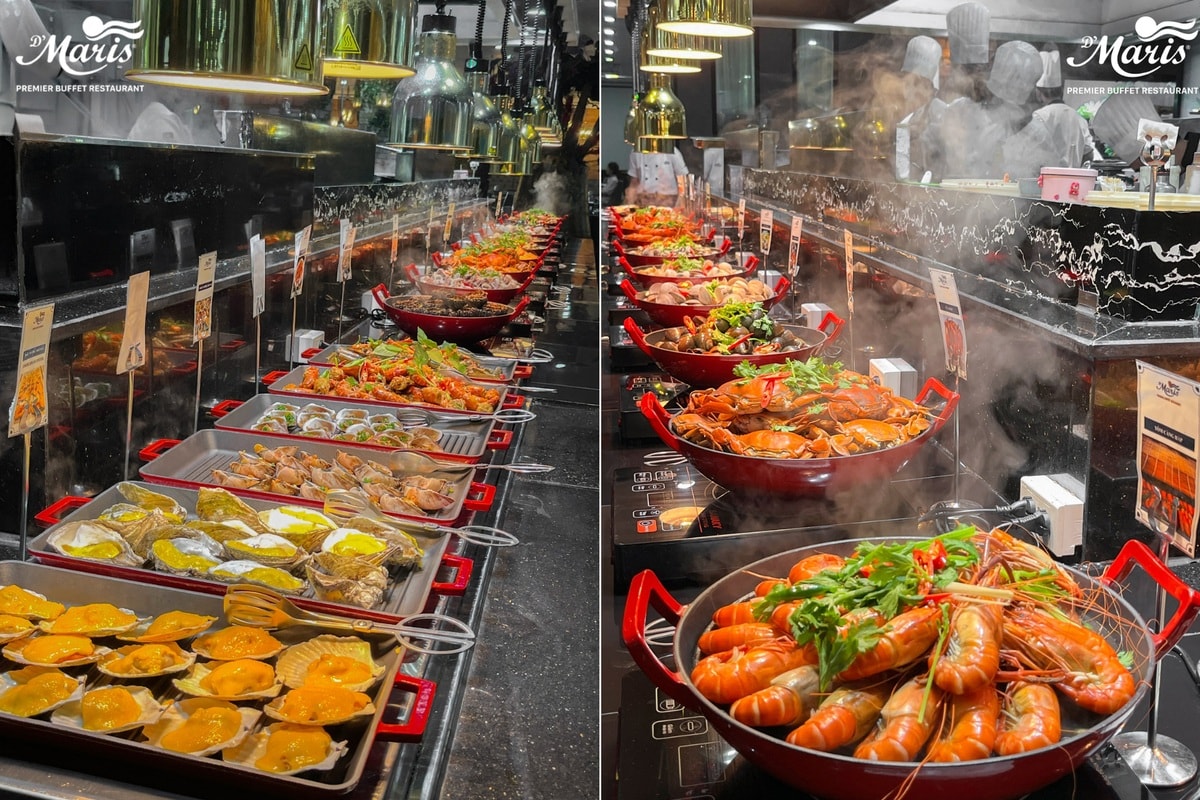 Thực khách sẽ được tận mắt chiêm ngưỡng quy trình chế biến và thưởng thức thỏa thích hàng trăm món hải sản đặc sắc tại D’Maris
